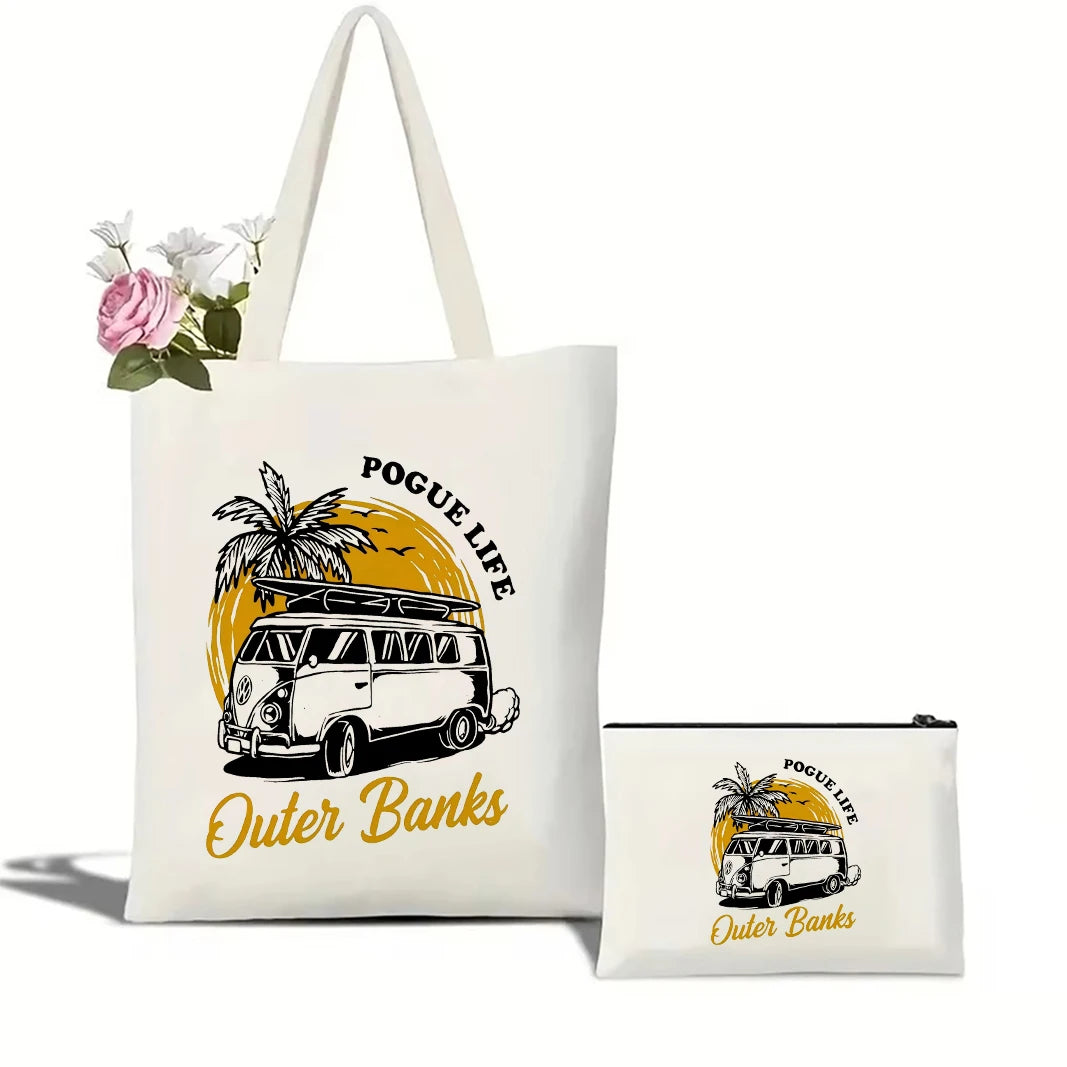 Cotton Canvas Shoulder Tote – Outer Banks Beach Print