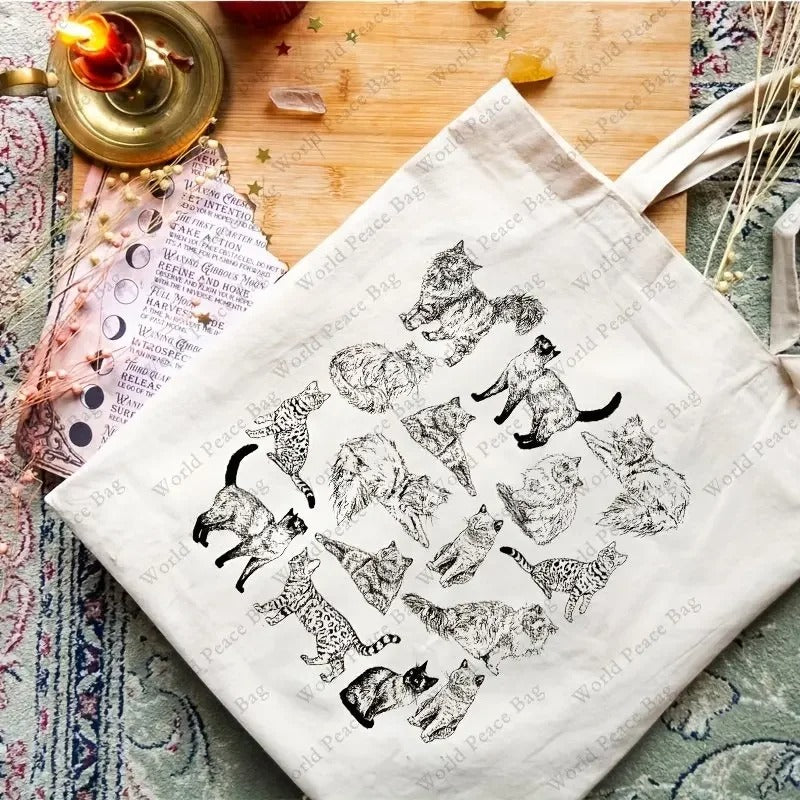 Cotton Canvas Shoulder Tote – Cute Cat Print