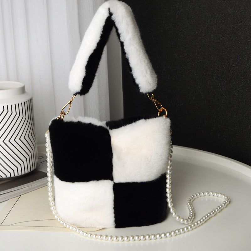 Checkerboard Plush Bucket Bag with Pearl Chain