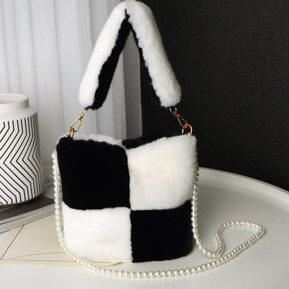 Checkerboard Plush Bucket Bag with Pearl Chain