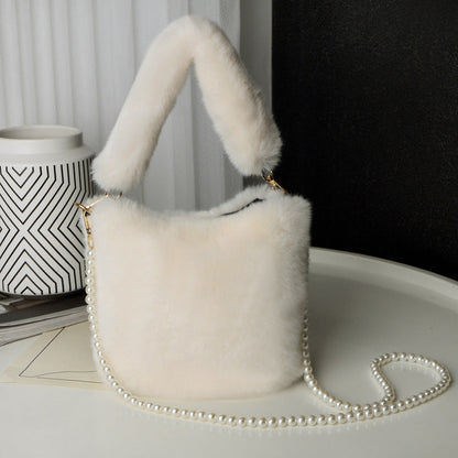 Checkerboard Plush Bucket Bag with Pearl Chain