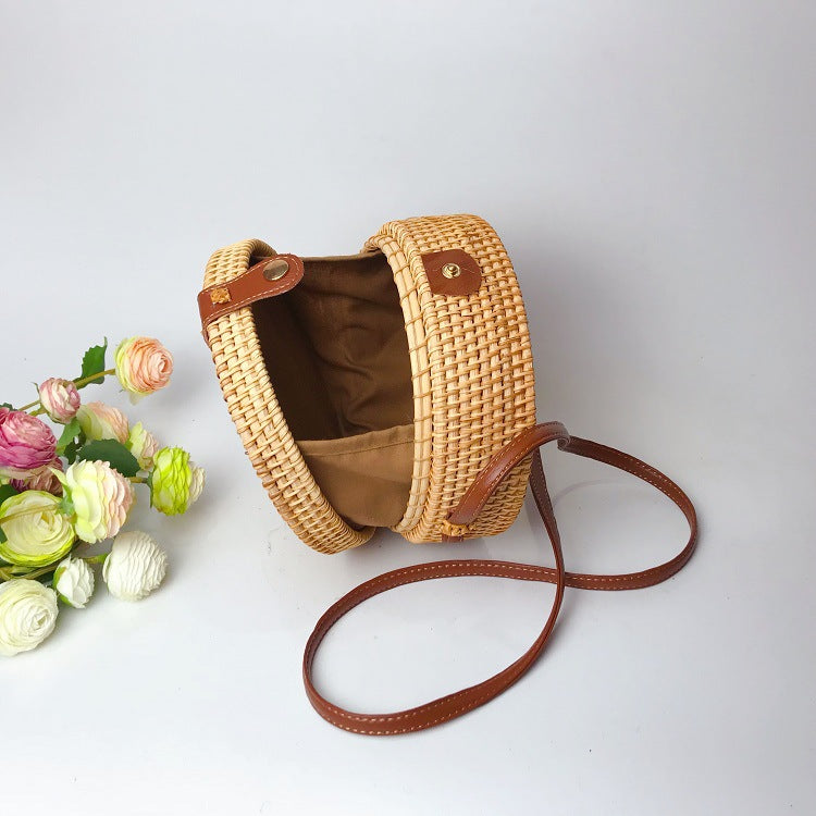 Round Straw-Woven Rattan Crossbody Bag