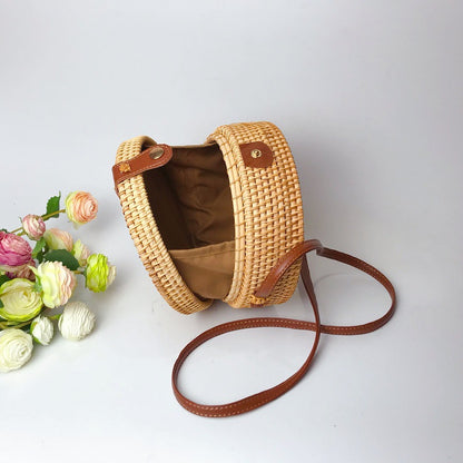 Round Straw-Woven Rattan Crossbody Bag
