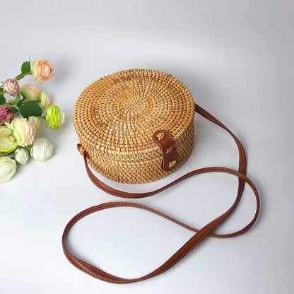 Round Straw-Woven Rattan Crossbody Bag