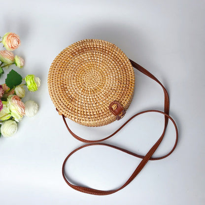 Round Straw-Woven Rattan Crossbody Bag