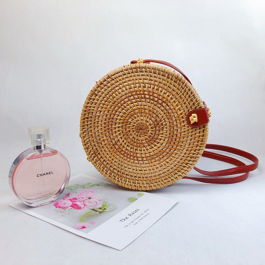 Round Straw-Woven Rattan Crossbody Bag