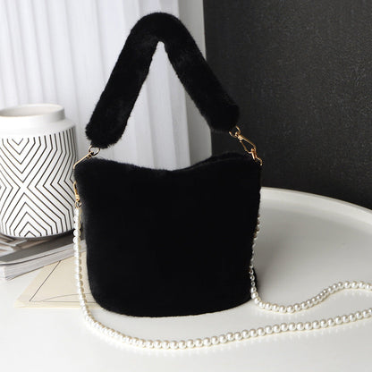 Checkerboard Plush Bucket Bag with Pearl Chain