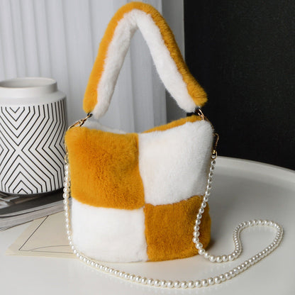 Checkerboard Plush Bucket Bag with Pearl Chain