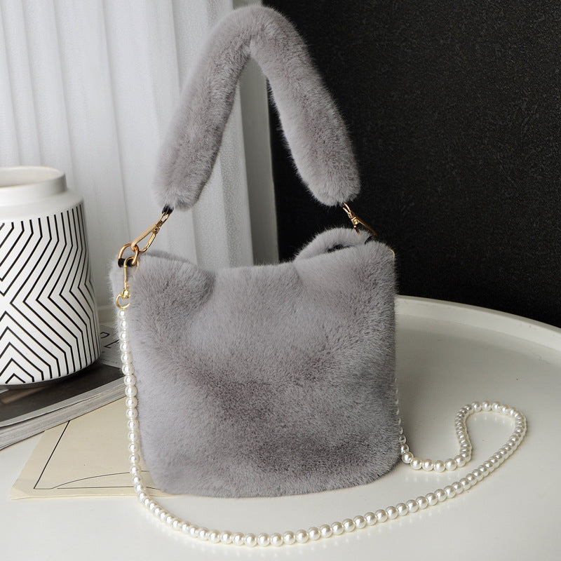Checkerboard Plush Bucket Bag with Pearl Chain