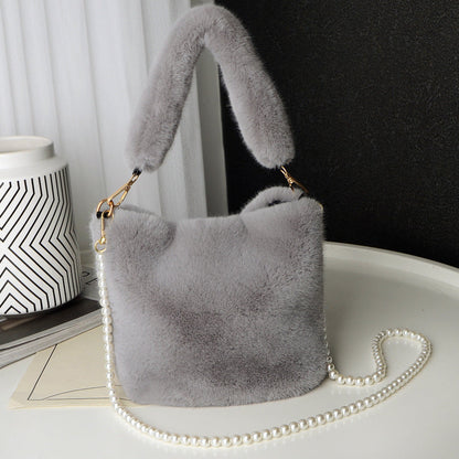 Checkerboard Plush Bucket Bag with Pearl Chain