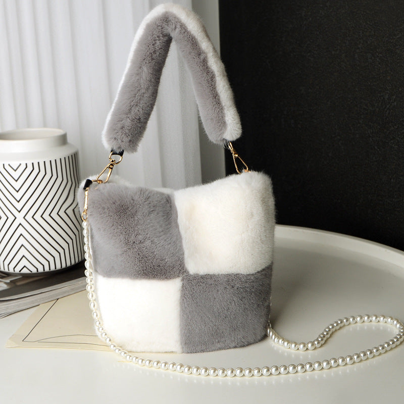 Checkerboard Plush Bucket Bag with Pearl Chain