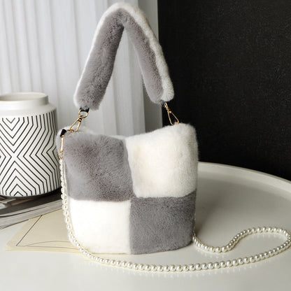 Checkerboard Plush Bucket Bag with Pearl Chain