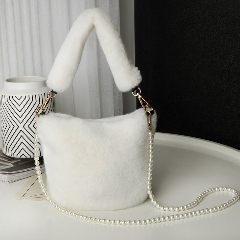 Checkerboard Plush Bucket Bag with Pearl Chain