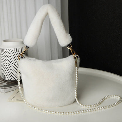 Checkerboard Plush Bucket Bag with Pearl Chain