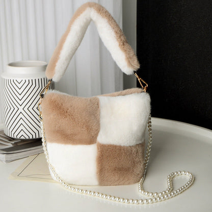 Checkerboard Plush Bucket Bag with Pearl Chain