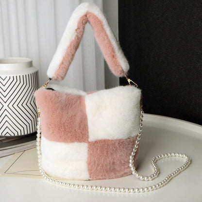 Checkerboard Plush Bucket Bag with Pearl Chain