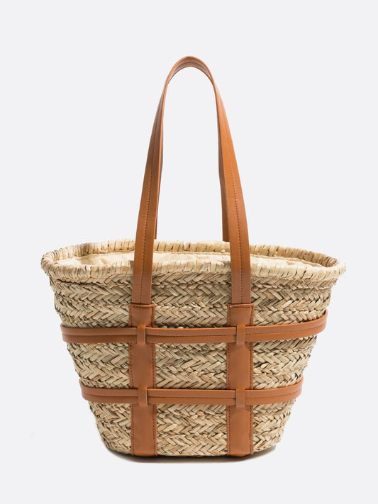 Wicker and leather tote bag