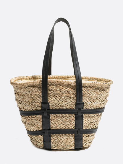 Wicker and leather tote bag