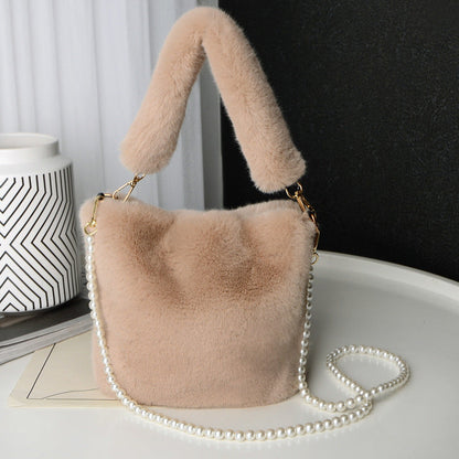 Checkerboard Plush Bucket Bag with Pearl Chain