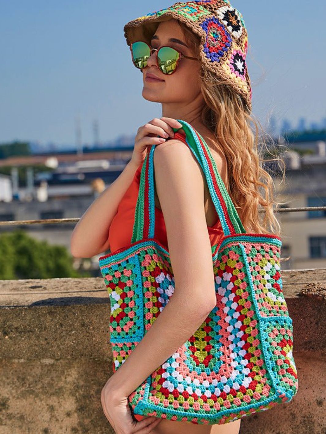 Large crocheted cotton tote bag