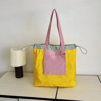 Patchwork Canvas Drawstring Tote Bag