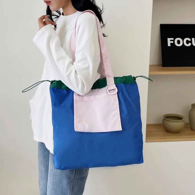 Patchwork Canvas Drawstring Tote Bag