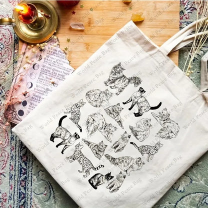 Cotton Canvas Shoulder Tote – Cute Cat Print