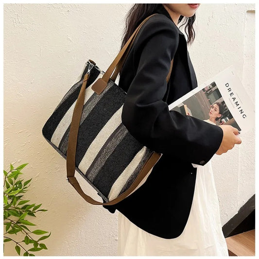 Striped Canvas Tote Crossbody