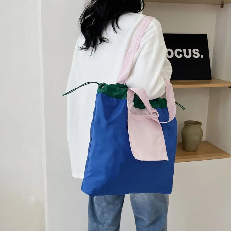 Patchwork Canvas Drawstring Tote Bag