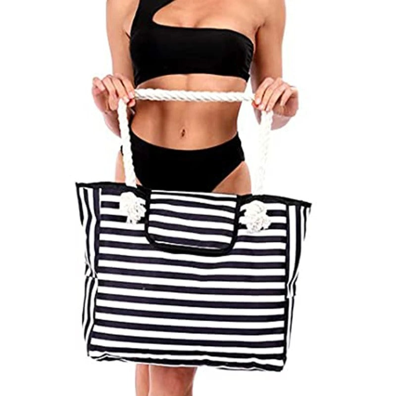 Striped Canvas Shoulder Tote Bag