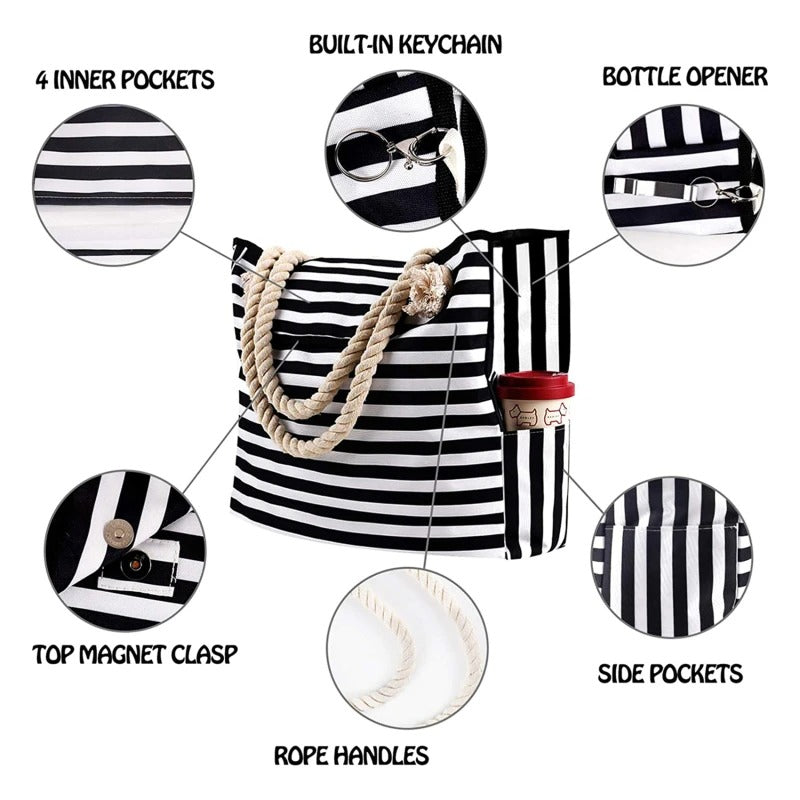 Striped Canvas Shoulder Tote Bag