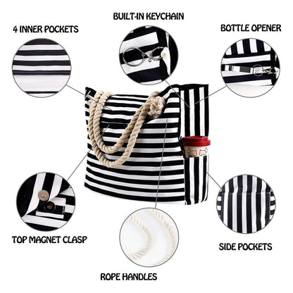 Striped Canvas Shoulder Tote Bag