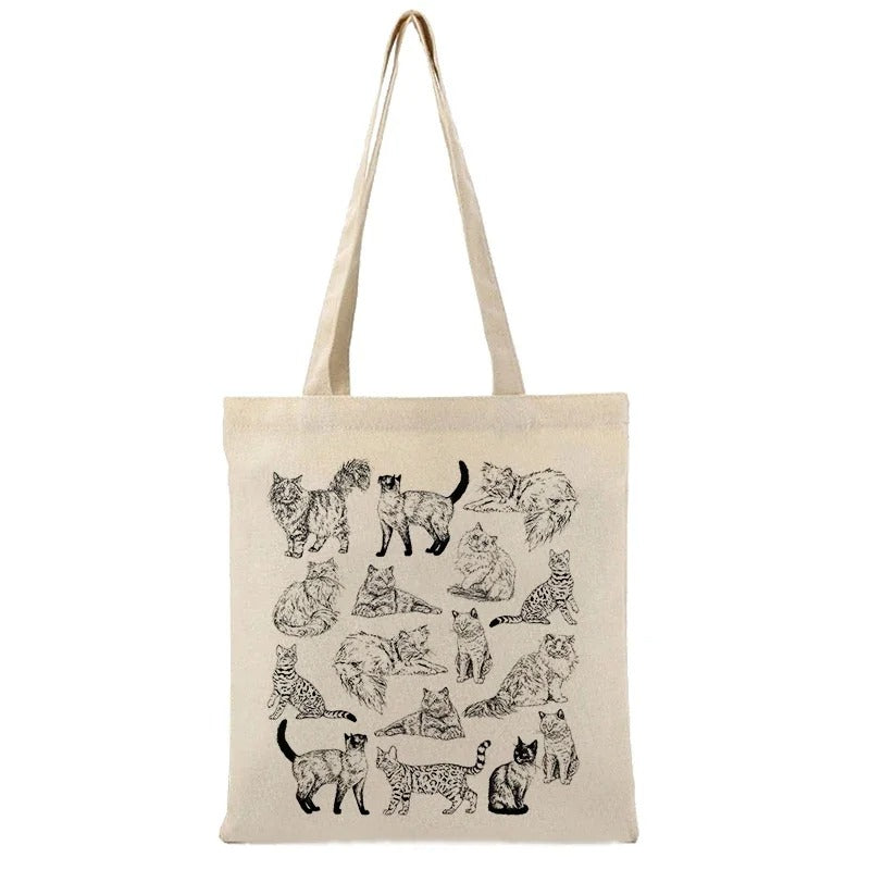 Cotton Canvas Shoulder Tote – Cute Cat Print