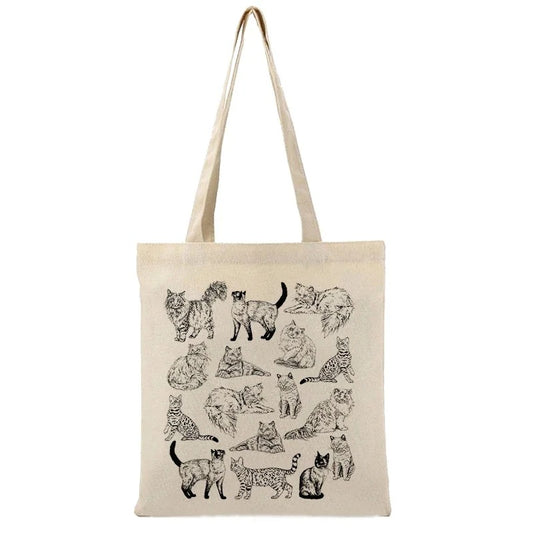 Cotton Canvas Shoulder Tote – Cute Cat Print
