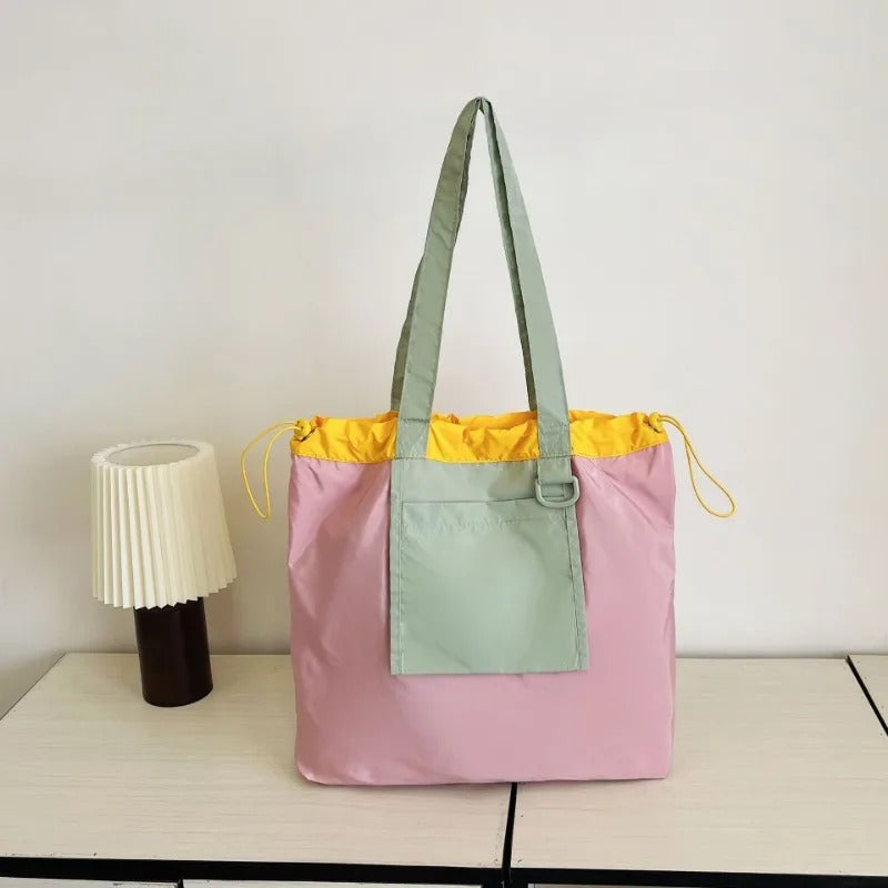 Patchwork Canvas Drawstring Tote Bag