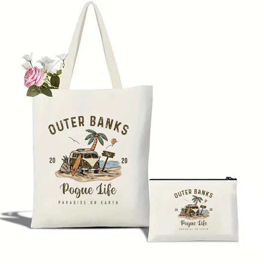 Cotton Canvas Shoulder Tote – Outer Banks Beach Print