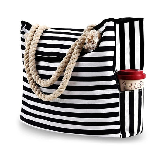 Striped Canvas Shoulder Tote Bag
