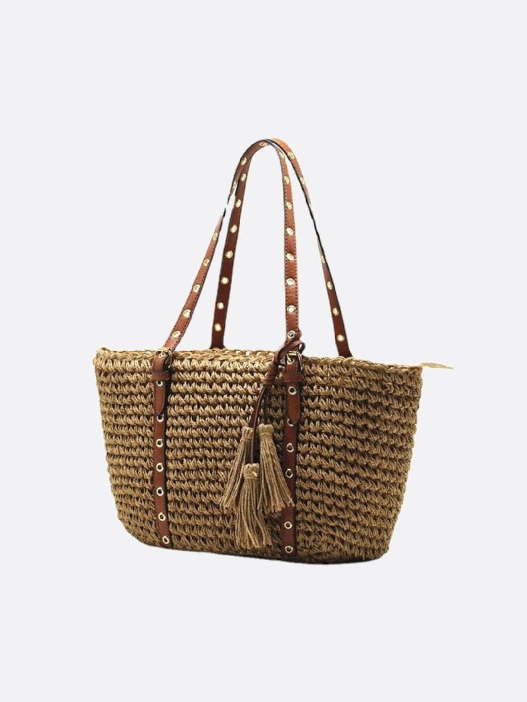 Straw and leather shopping basket