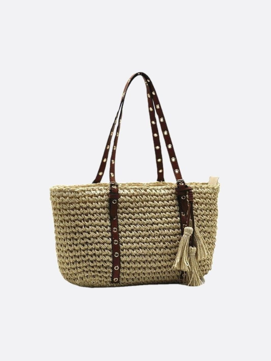 Straw and leather shopping basket