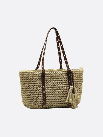 Straw and leather shopping basket
