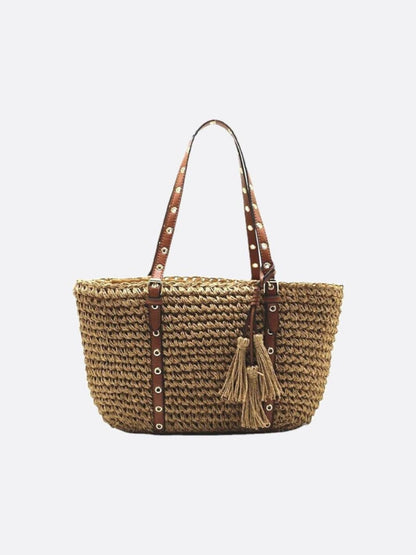 Straw and leather shopping basket