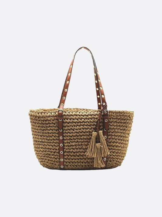 Straw and leather shopping basket