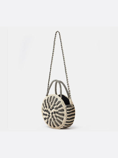 Black and White Round Crossbody Straw Bag