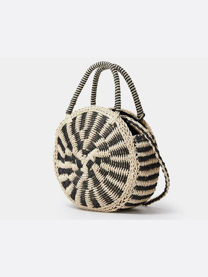 Black and White Round Crossbody Straw Bag