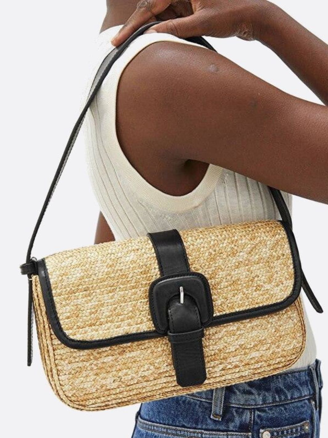 Black straw and leather bag