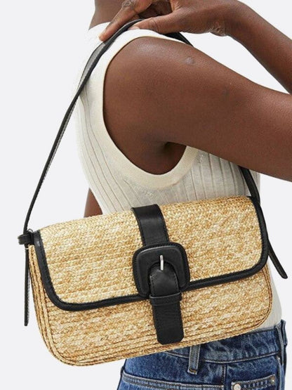 Black straw and leather bag