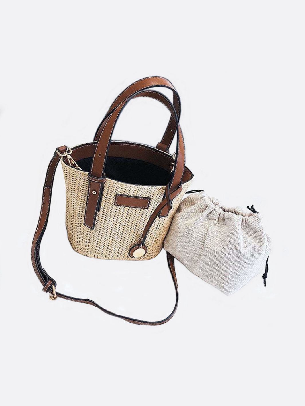 Straw and leather bucket bag